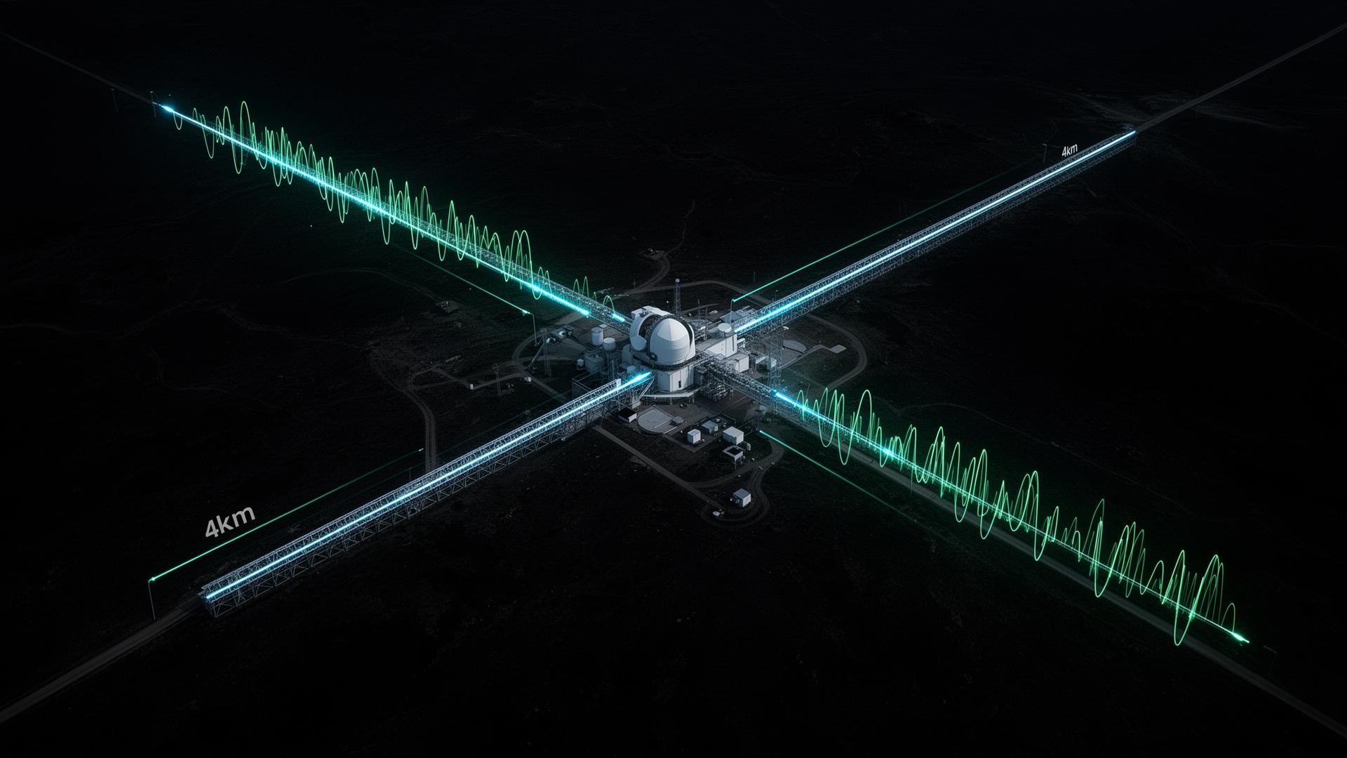 Aerial view of a laser interferometer observatory with two perpendicular 4 km arms and gravitational waveform overlays